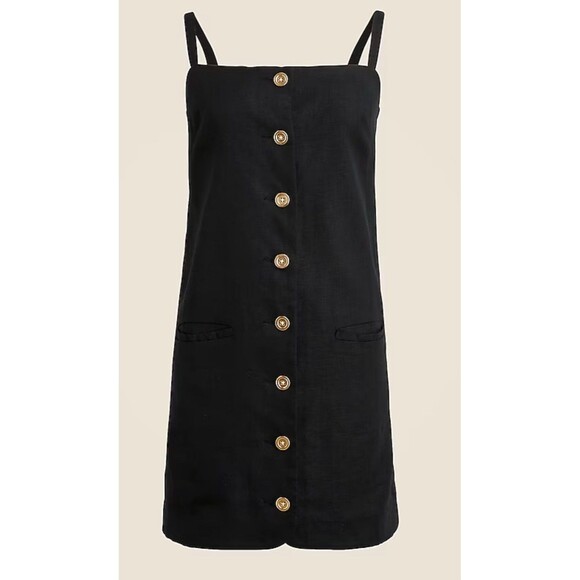 J Crew Claudia Black Linen Dress Women Size XL Mini Shift Gold Button Pockets - Picture 1 of 10